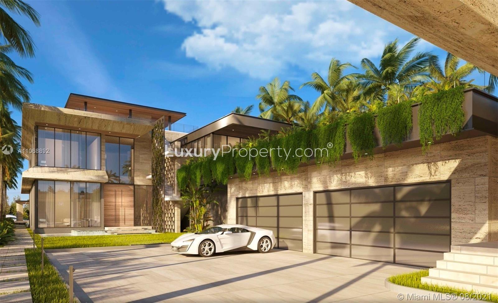 "Modern Miami Beach villa exterior with lush greenery and palm trees, for sale.",Luxurious Miami Beach villa exterior with modern design, lush greenery, and sleek white car